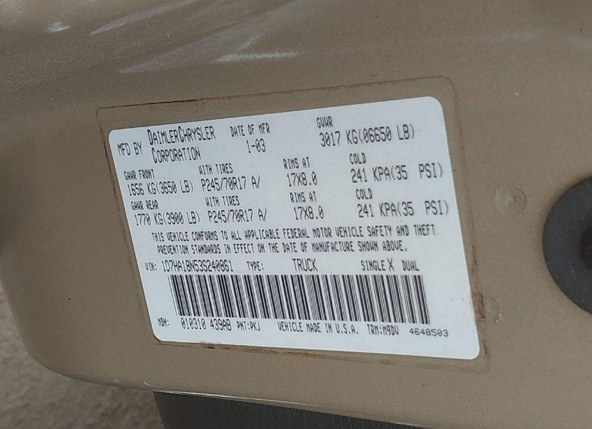 Photo 9 of 2003 Dodge Ram 1500 SLT/LARAMIE/ST (VIN 1D7HA18N53S240861)