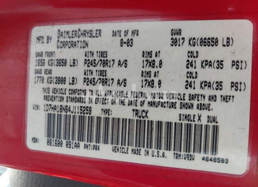 Photo 9 of 2004 Dodge Ram 1500 SLT/LARAMIE (VIN 1D7HA18N64J115259)