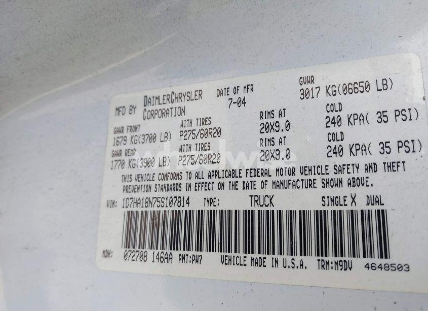 Photo 9 of 2005 Dodge Ram 1500 SLT/LARAMIE (VIN 1D7HA18N75S107814)