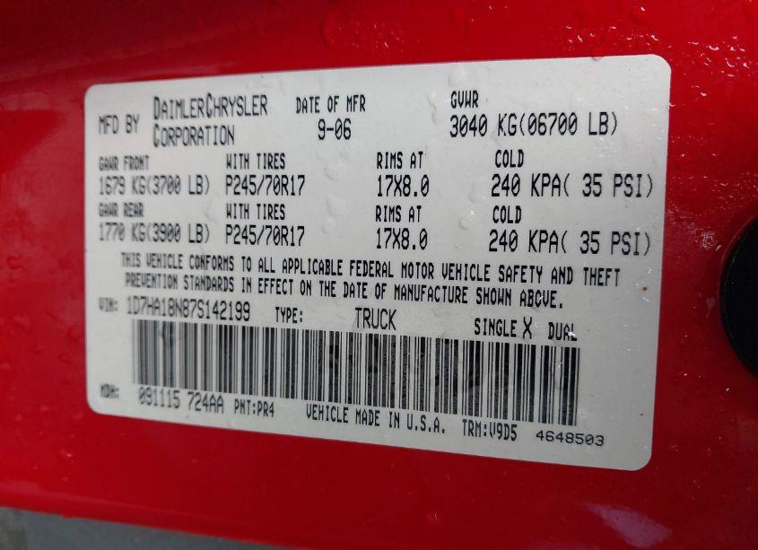 Photo 9 of 2007 Dodge Ram 1500 SLT (VIN 1D7HA18N87S142199)