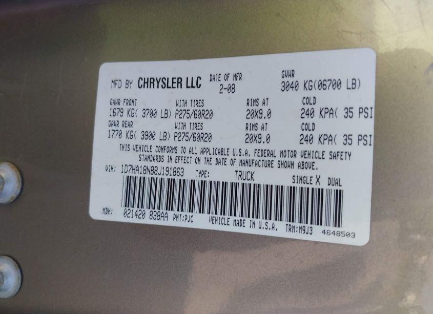 Photo 9 of 2008 Dodge Ram 1500 SLT (VIN 1D7HA18N88J191863)