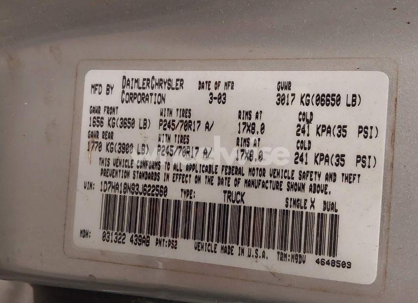 Photo 9 of 2003 Dodge Ram 1500 SLT/LARAMIE/ST (VIN 1D7HA18N93J622560)