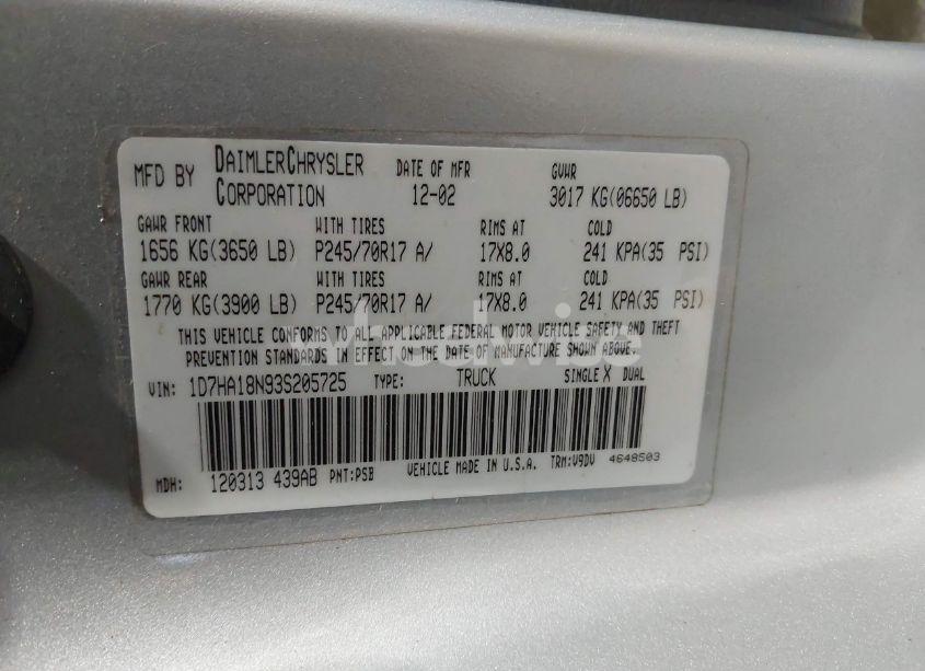 Photo 9 of 2003 Dodge Ram 1500 SLT/LARAMIE/ST (VIN 1D7HA18N93S205725)