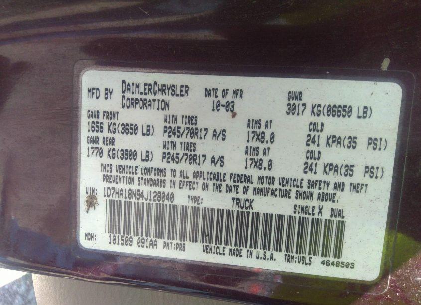 Photo 9 of 2004 Dodge Ram 1500 SLT/LARAMIE (VIN 1D7HA18N94J128040)