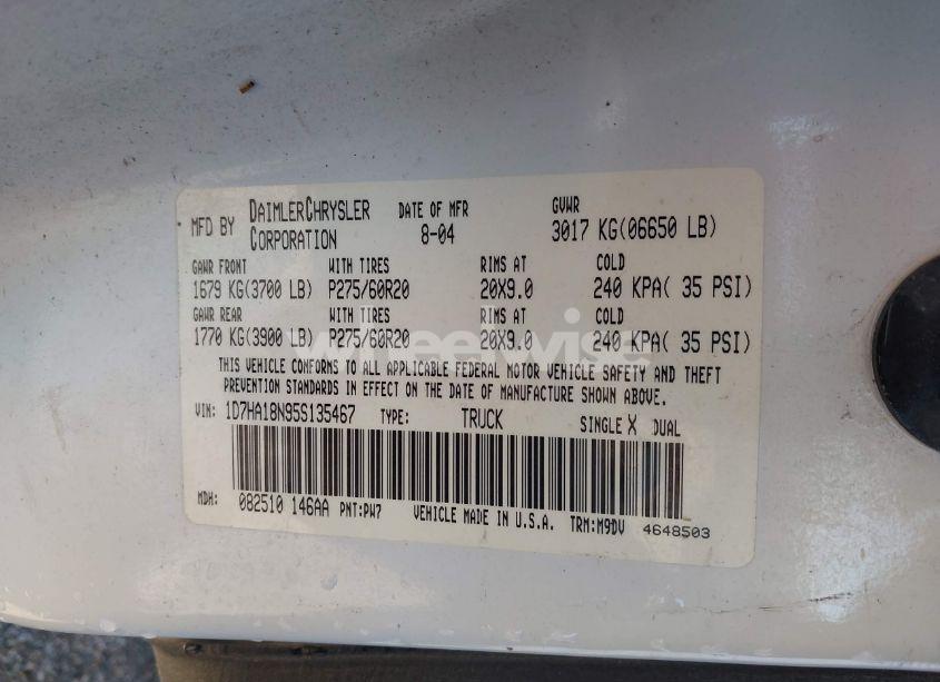 Photo 9 of 2005 Dodge Ram 1500 SLT/LARAMIE (VIN 1D7HA18N95S135467)