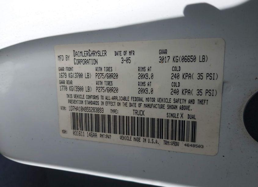 Photo 9 of 2005 Dodge Ram 1500 SLT/LARAMIE (VIN 1D7HA18N95S283893)