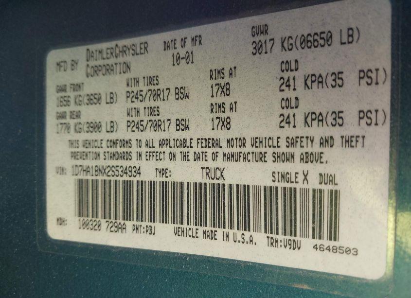 Photo 9 of 2002 Dodge Ram 1500 ST (VIN 1D7HA18NX2S534934)