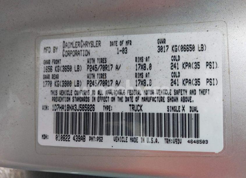 Photo 9 of 2003 Dodge Ram 1500 SLT/LARAMIE/ST (VIN 1D7HA18NX3J585826)