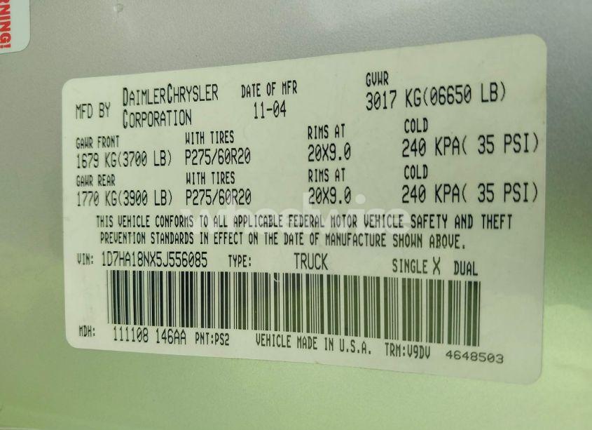 Photo 9 of 2005 Dodge Ram 1500 SLT/LARAMIE (VIN 1D7HA18NX5J556085)