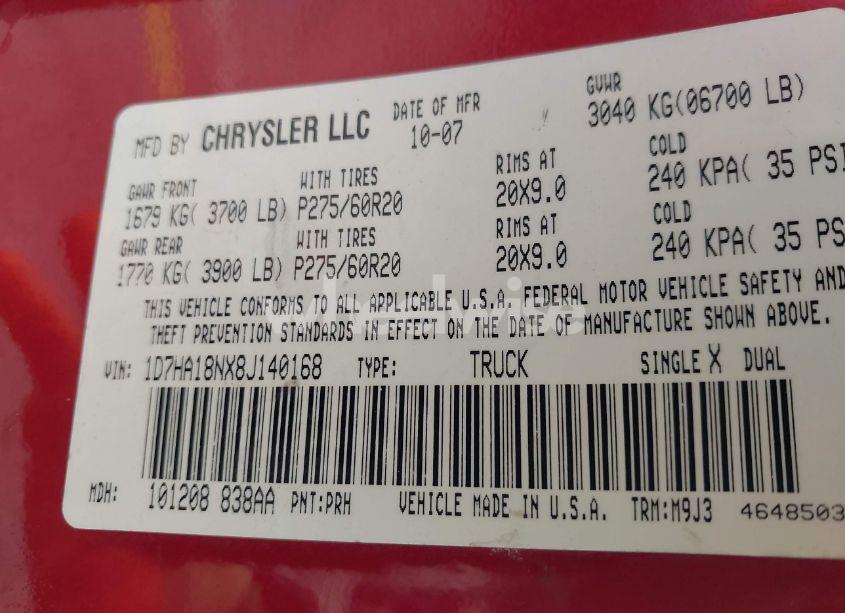 Photo 9 of 2008 Dodge Ram 1500 SLT (VIN 1D7HA18NX8J140168)