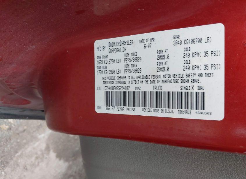 Photo 9 of 2007 Dodge Ram 1500 SLT (VIN 1D7HA18P07S254187)