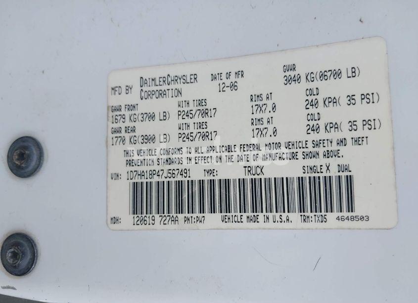 Photo 9 of 2007 Dodge Ram 1500 ST (VIN 1D7HA18P47J567491)