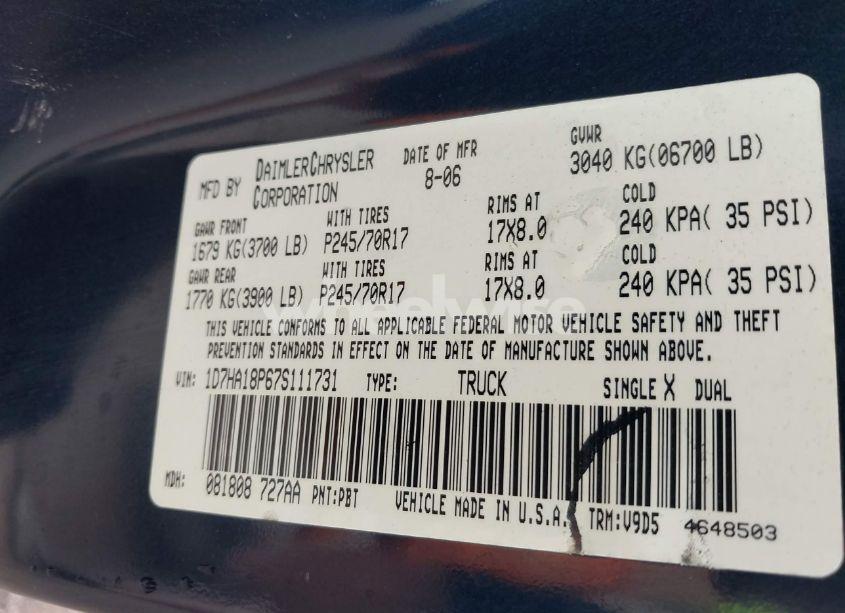 Photo 9 of 2007 Dodge Ram 1500 SLT (VIN 1D7HA18P67S111731)