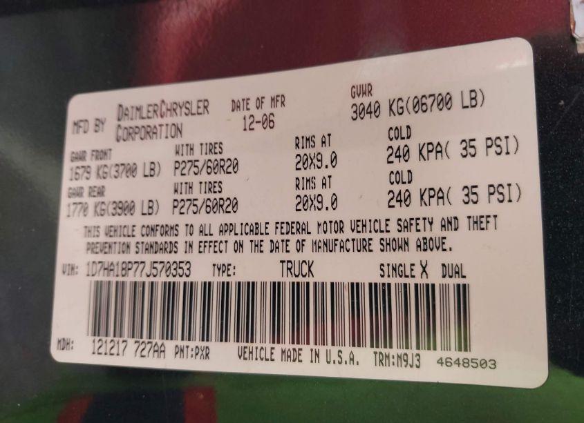 Photo 9 of 2007 Dodge Ram 1500 SLT (VIN 1D7HA18P77J570353)