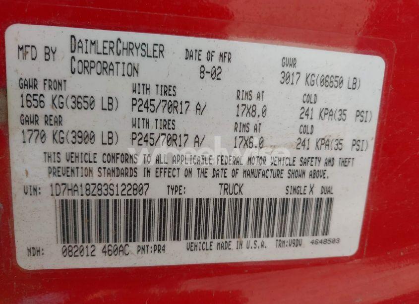 Photo 9 of 2003 Dodge Ram 1500 (VIN 1D7HA18Z83S122807)