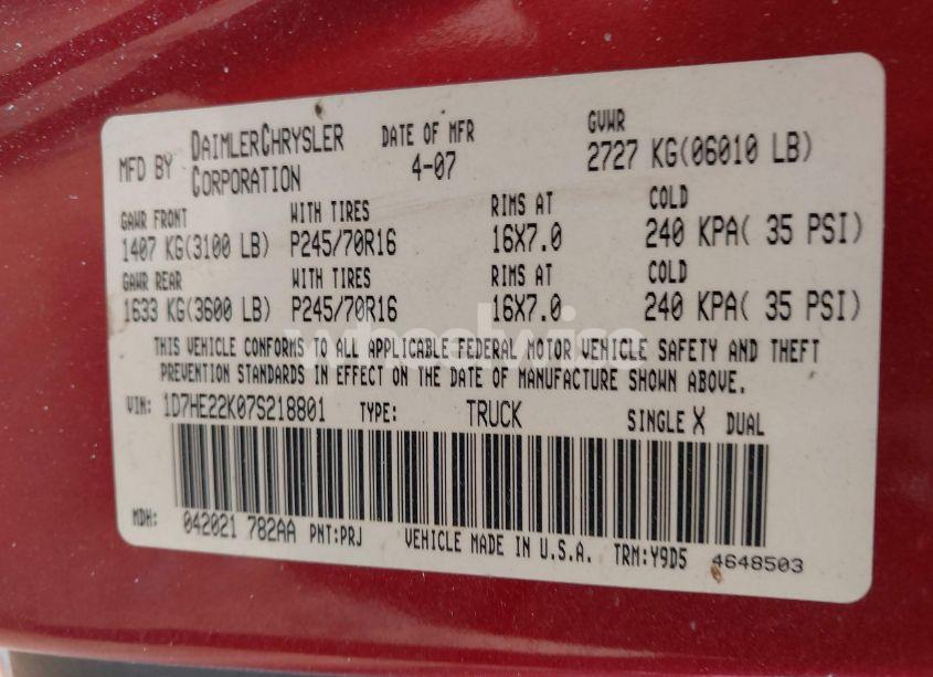 Photo 9 of 2007 Dodge Dakota (VIN 1D7HE22K07S218801)