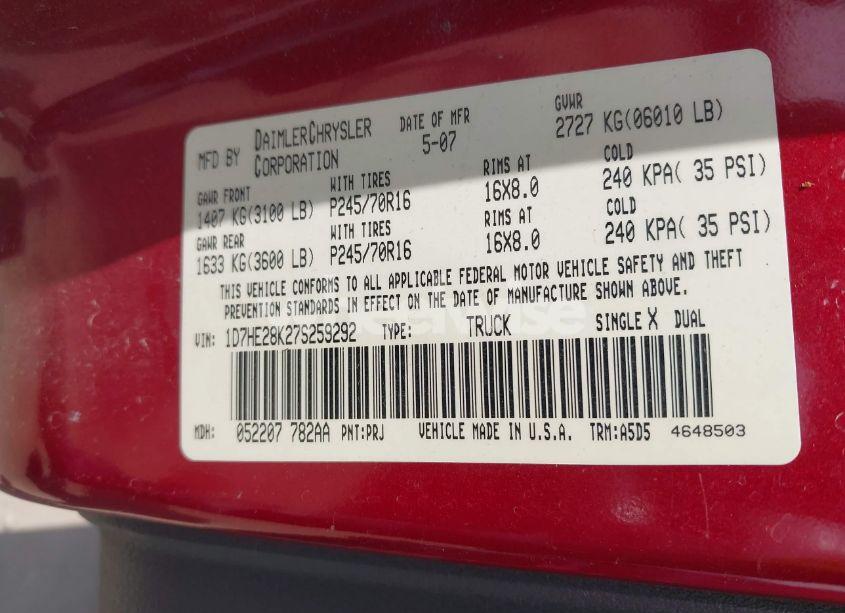 Photo 9 of 2007 Dodge Dakota ST (VIN 1D7HE28K27S259292)