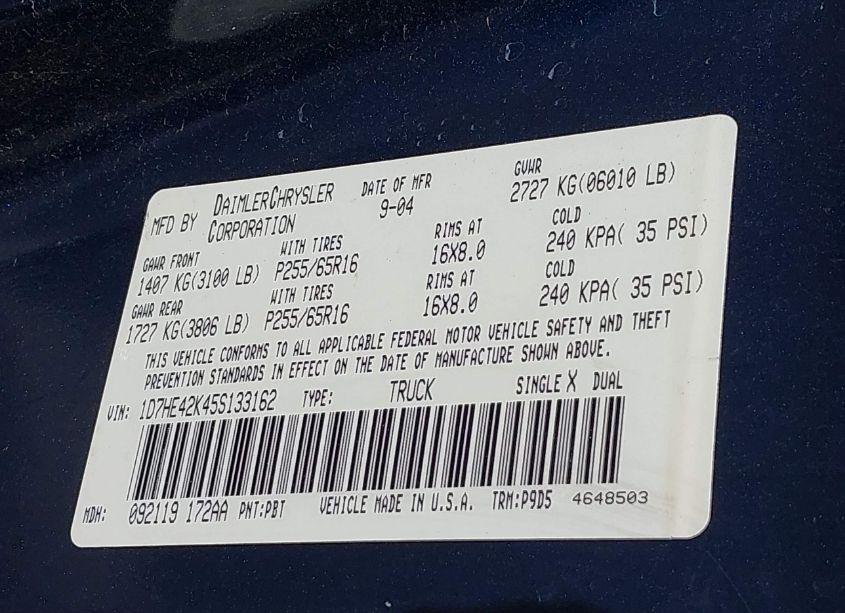 Photo 9 of 2005 Dodge Dakota SLT (VIN 1D7HE42K45S133162)