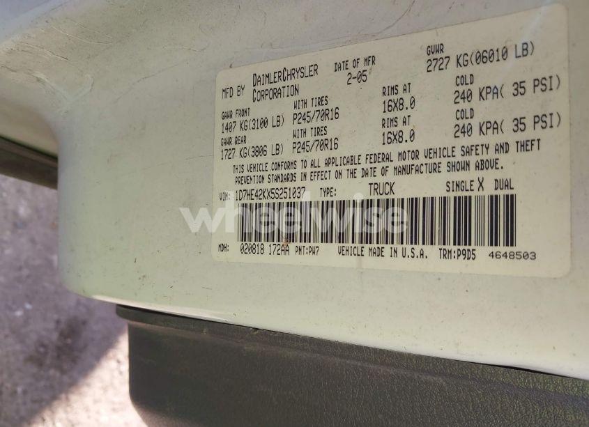 Photo 9 of 2005 Dodge Dakota SLT (VIN 1D7HE42KX5S251037)