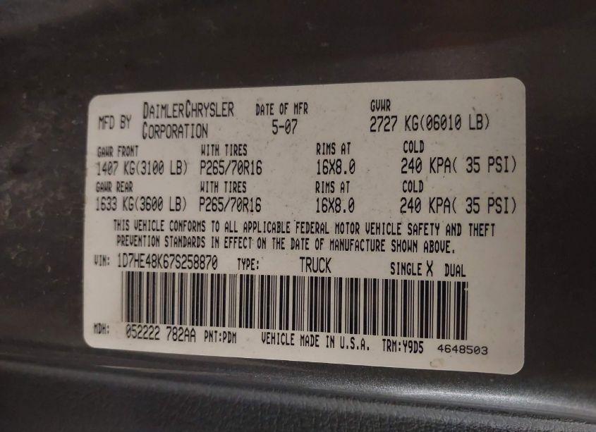 Photo 9 of 2007 Dodge Dakota SLT (VIN 1D7HE48K67S258870)