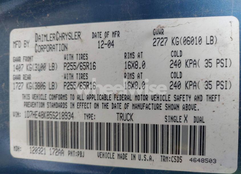 Photo 9 of 2005 Dodge Dakota SLT (VIN 1D7HE48K85S218934)