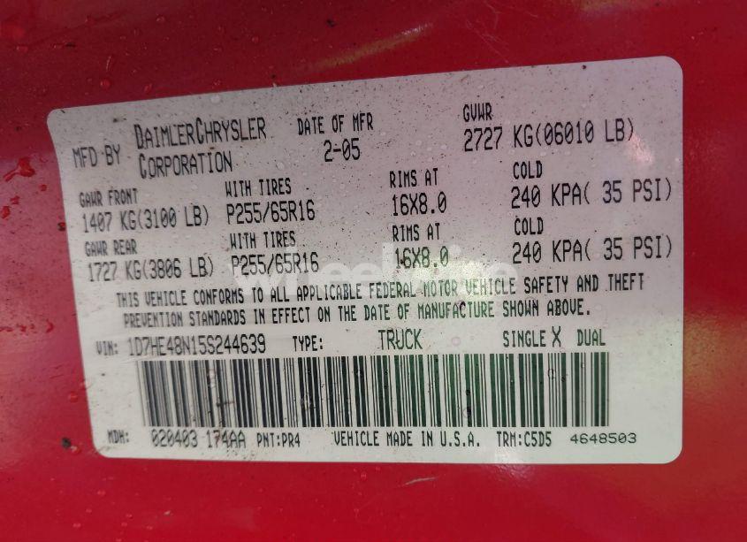 Photo 9 of 2005 Dodge Dakota SLT (VIN 1D7HE48N15S244639)