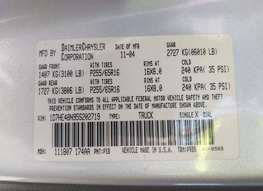 Photo 9 of 2005 Dodge Dakota SLT (VIN 1D7HE48N95S202719)
