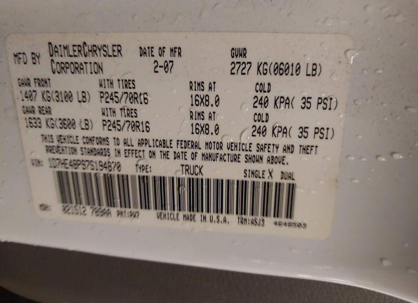 Photo 9 of 2007 Dodge Dakota SLT (VIN 1D7HE48P97S194870)