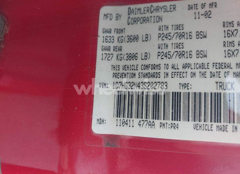 Photo 9 of 2003 Dodge Dakota SPORT (VIN 1D7HG32N43S202783)