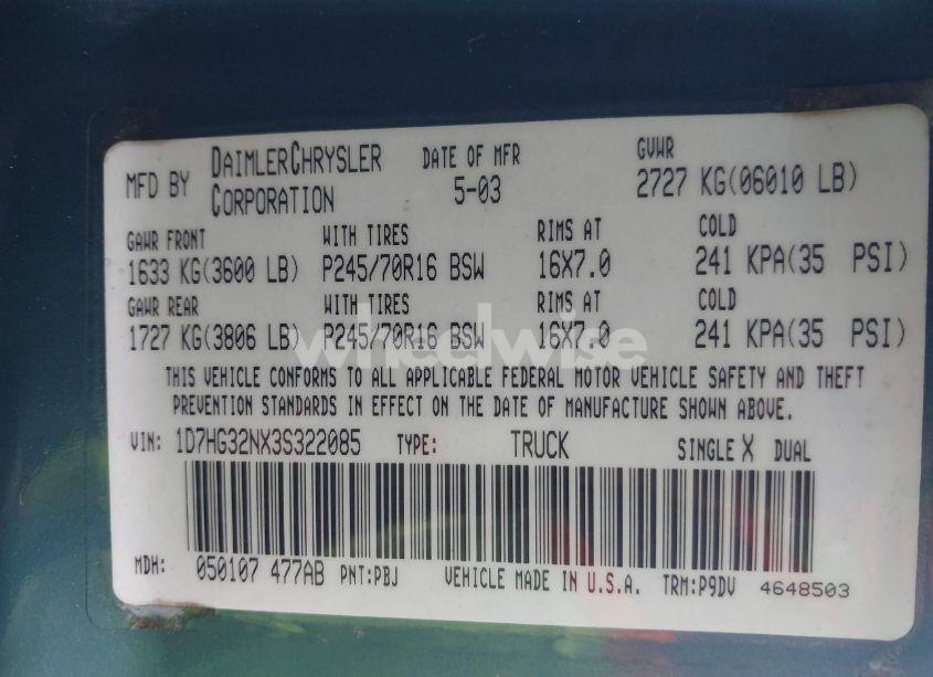 Photo 9 of 2003 Dodge Dakota SPORT (VIN 1D7HG32NX3S322085)