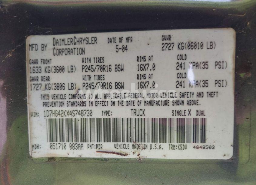 Photo 9 of 2004 Dodge Dakota SLT (VIN 1D7HG42KX4S748730)