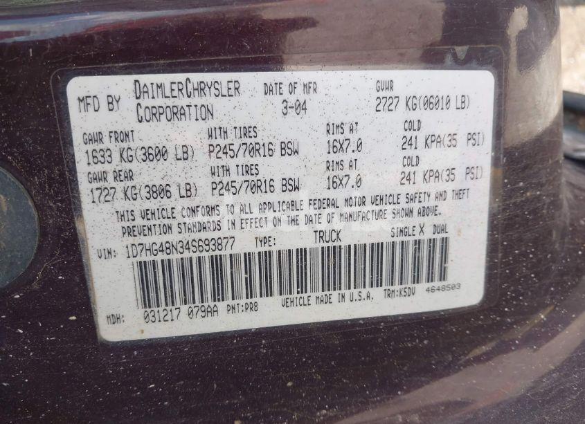 Photo 9 of 2004 Dodge Dakota SLT (VIN 1D7HG48N34S693877)