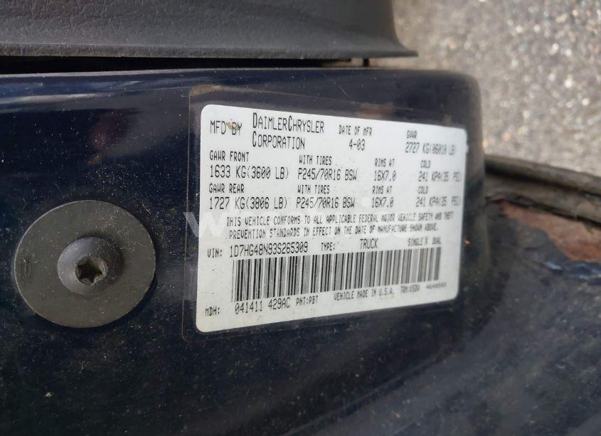 Photo 9 of 2003 Dodge Dakota SLT (VIN 1D7HG48N93S265309)