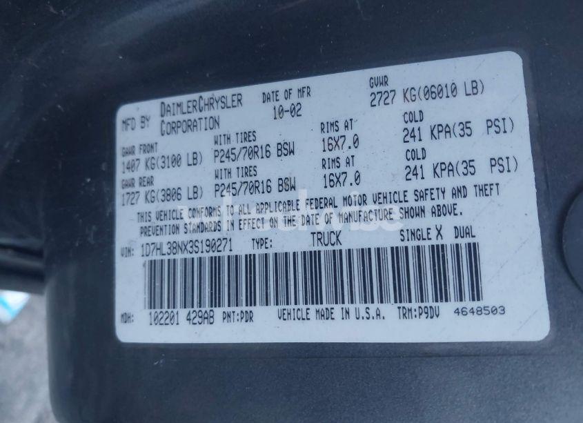 Photo 9 of 2003 Dodge Dakota SPORT/SXT (VIN 1D7HL38NX3S190271)