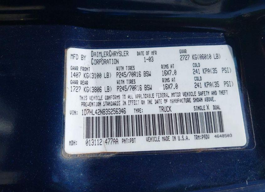 Photo 9 of 2003 Dodge Dakota SLT (VIN 1D7HL42N83S256346)