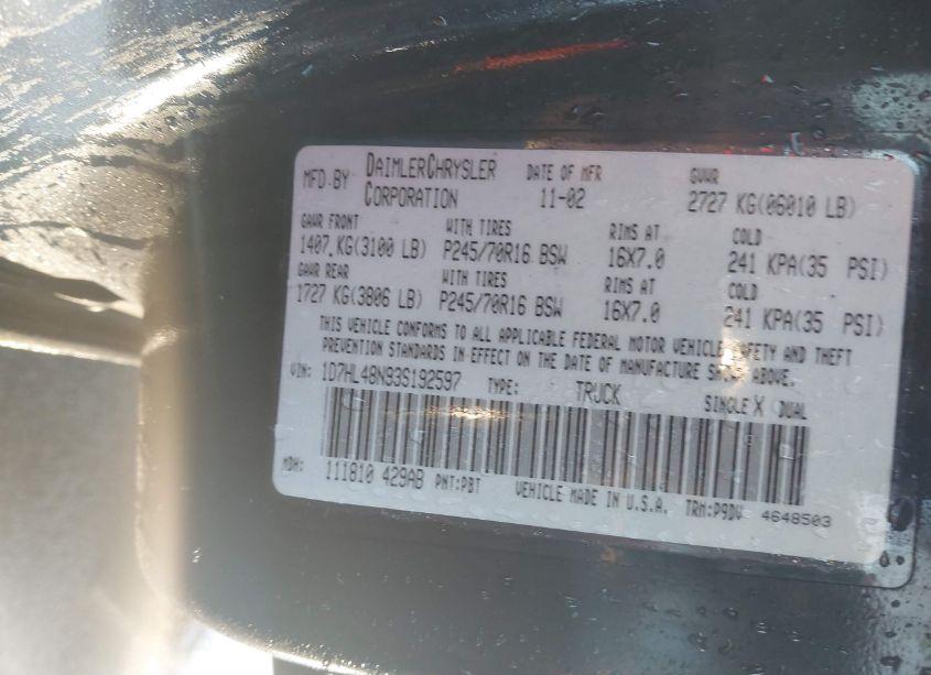 Photo 9 of 2003 Dodge Dakota SLT (VIN 1D7HL48N93S192597)