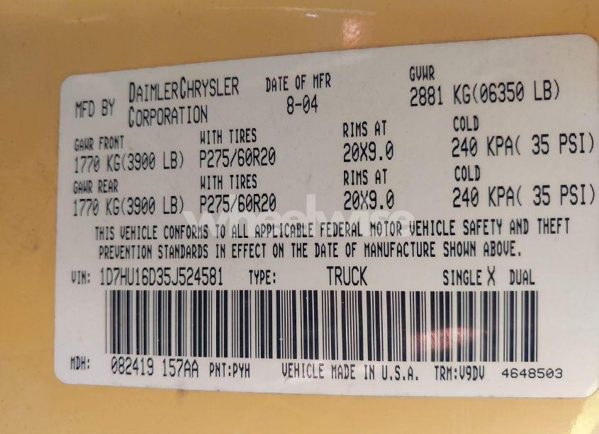 Photo 9 of 2005 Dodge Ram 1500 SLT/LARAMIE (VIN 1D7HU16D35J524581)