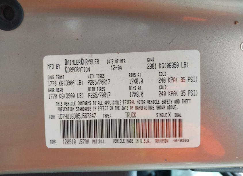 Photo 9 of 2005 Dodge Ram 1500 SLT/LARAMIE (VIN 1D7HU16D85J567247)