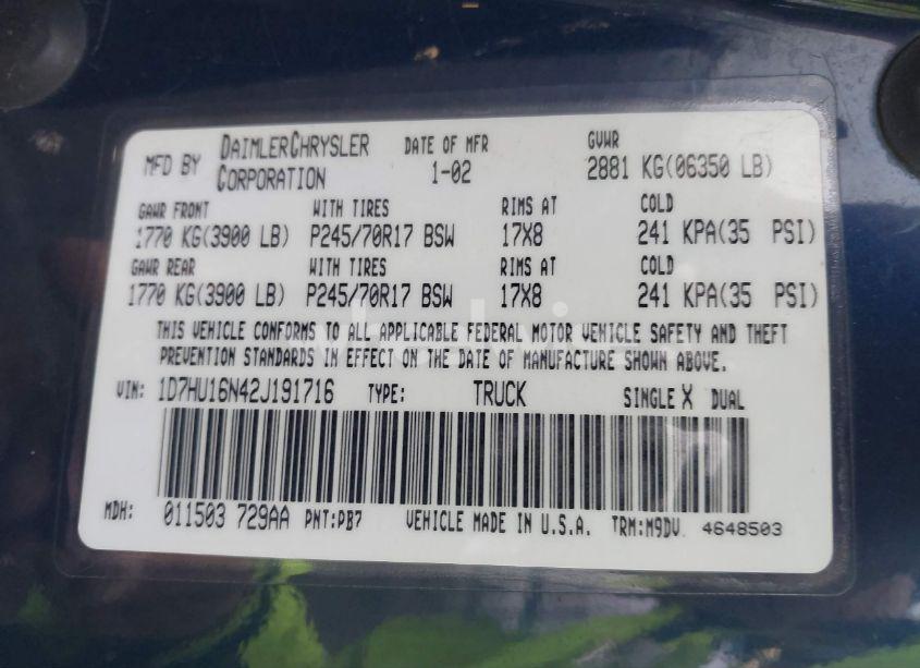 Photo 9 of 2002 Dodge Ram 1500 SLT/ST (VIN 1D7HU16N42J191716)