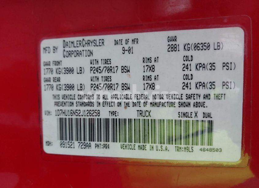 Photo 9 of 2002 Dodge Ram 1500 ST (VIN 1D7HU16N52J126258)