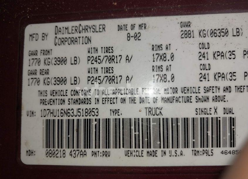 Photo 9 of 2003 Dodge Ram 1500 SLT/LARAMIE/ST (VIN 1D7HU16N63J518053)