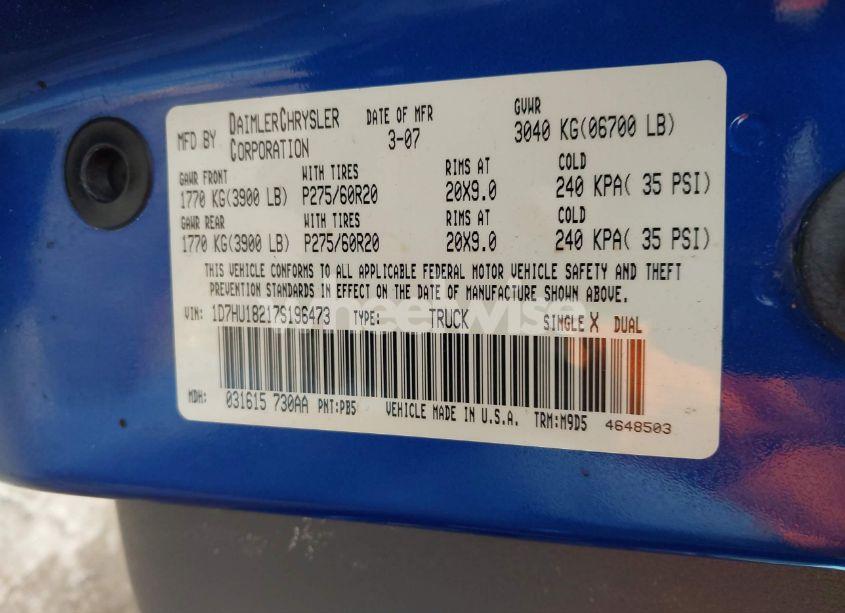 Photo 9 of 2007 Dodge Ram 1500 SLT/TRX4 OFF ROAD/SPORT (VIN 1D7HU18217S196473)