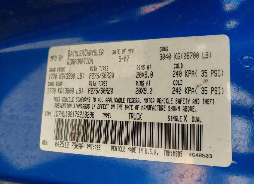 Photo 9 of 2007 Dodge Ram 1500 SLT/TRX4 OFF ROAD/SPORT (VIN 1D7HU18217S219296)