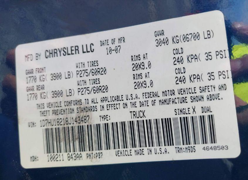 Photo 9 of 2008 Dodge Ram 1500 SLT (VIN 1D7HU18218J143487)