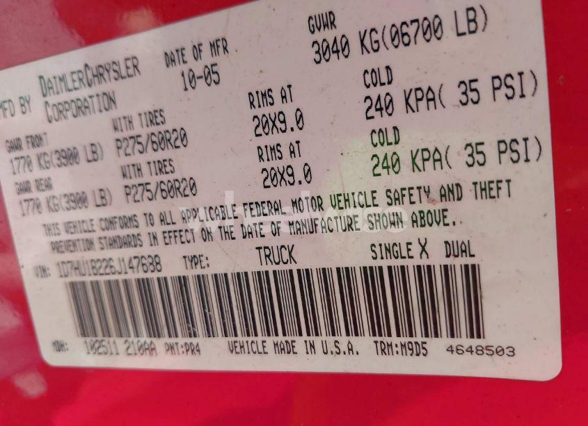 Photo 9 of 2006 Dodge Ram 1500 SLT/TRX4 OFF ROAD/SPORT (VIN 1D7HU18226J147688)