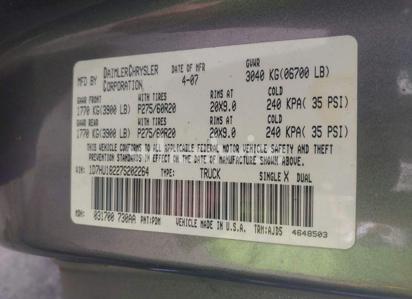 Photo 9 of 2007 Dodge Ram 1500 SLT/TRX4 OFF ROAD/SPORT (VIN 1D7HU18227S202264)