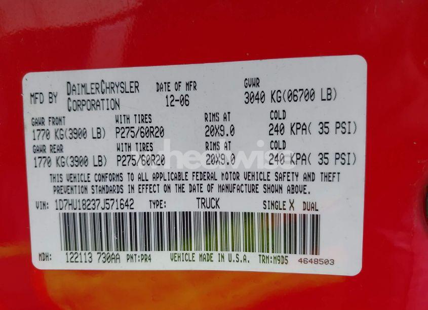 Photo 9 of 2007 Dodge Ram 1500 SLT/TRX4 OFF ROAD/SPORT (VIN 1D7HU18237J571642)