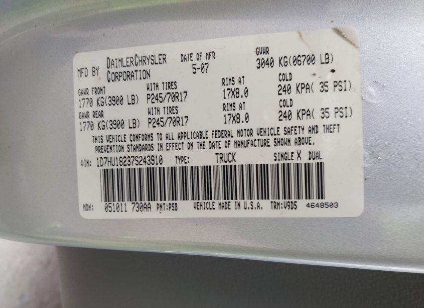 Photo 9 of 2007 Dodge Ram 1500 SLT/TRX4 OFF ROAD/SPORT (VIN 1D7HU18237S243910)