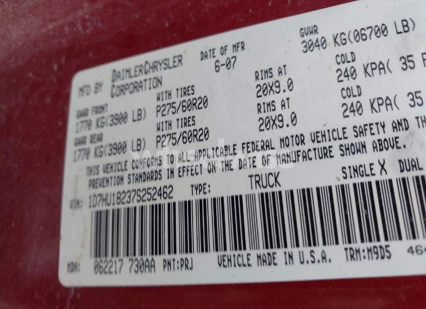 Photo 9 of 2007 Dodge Ram 1500 SLT/TRX4 OFF ROAD/SPORT (VIN 1D7HU18237S252462)