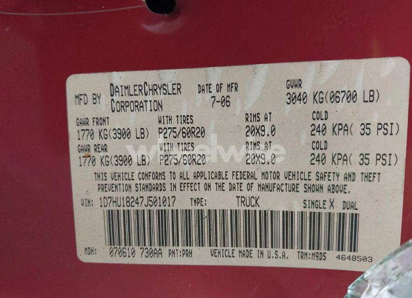 Photo 9 of 2007 Dodge Ram 1500 SLT/TRX4 OFF ROAD/SPORT (VIN 1D7HU18247J501017)